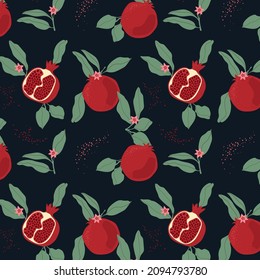 Hand drawn summer tropical background with pomegranate fruits and branches for fabric and wallpaper design. Repeated seamless pattern with fruits