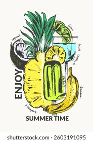 Hand drawn summer tropical background with fruits and cocktail. Pineapple, coconut, lime, banana, popsicle. Bright colored illustration for drinks menu and print design or party invitation.