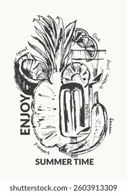 Hand drawn summer tropical background with fruits and cocktail. Pineapple, coconut, lime, banana, popsicle. Ink illustration for drinks menu and print design or party invitation.