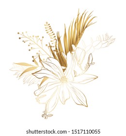 Hand drawn summer tropical bouquet: golden exotic plants, line art. Hand painted flowers isolated on white background for design.