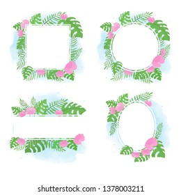 hand drawn summer tropical flower botanical flat style frame on watercolor background collection