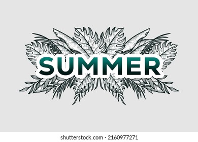 hand drawn summer with tropical leaves