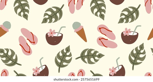 Hand drawn summer tropical seamless pattern featuring ice cream, flip-flops, and coconut drinks vector illustration