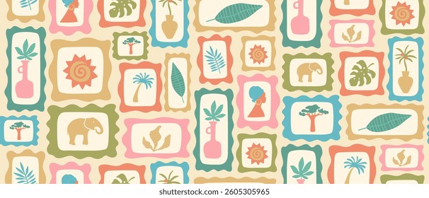 Hand drawn summer tropical seamless pattern in retro style. Patchwork illustration. Vintage exotic print.