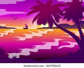 Hand Drawn Summer Twilight Beach Background Stock Vector (Royalty Free ...