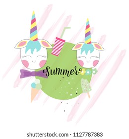 Hand drawn SUMMER typography poster. Celebration quotation for card, postcard, event, icon, logo, badge. Vector flat style summer calligraphy. Lettering with unicorn, ice cream. EPS 10