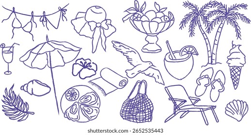 Conjunto de ícone de doodle de férias de verão desenhado à mão. Guarda-chuva de praia, coco, biquíni, sorvete, palmeiras, concha, chinelos, gaivota, saco, frutas em esboço de tinta. Perfeito para design de férias.
