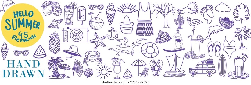 Hand drawn summer vacation doodle set with beach icon, tropical element, travel object and seaside symbol. Trendy outline vector collection perfect for posters, stickers, social media seasonal design.