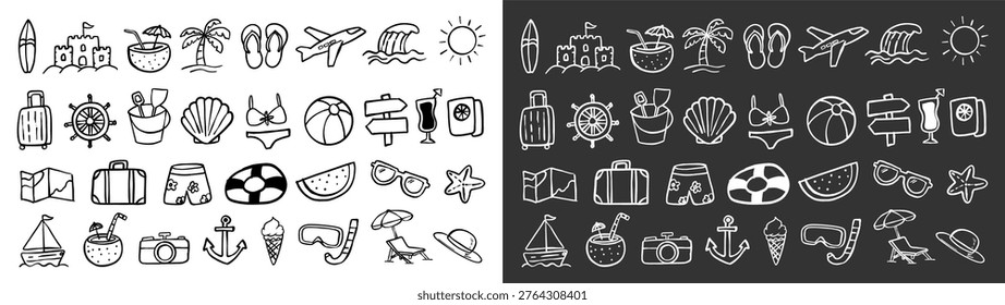 Hand drawn summer vacation doodle icon set in minimal outline style. Includes beach, travel, and holiday elements. Clean line vector perfect for UI, branding, and design