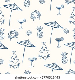 Hand drawn summer vacation doodle seamless pattern. Mediterranean simple print with sea elements crab, cocktail, umbrella, bikini. Italian holiday background for fabric, wallpaper, wrapping paper