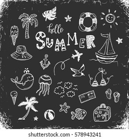 Hand Drawn Summer Vacation Doodles Set On A Blackboard.