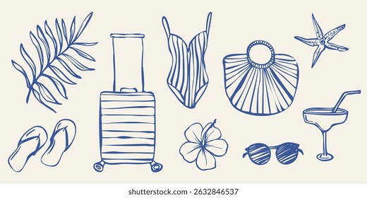 Hand drawn summer vacation elements including tropical flowers, leaves, drinks, swimwear, bag, sunglasses. Black and white line art style. Suitable for coloring books, posters, packaging, web stickers