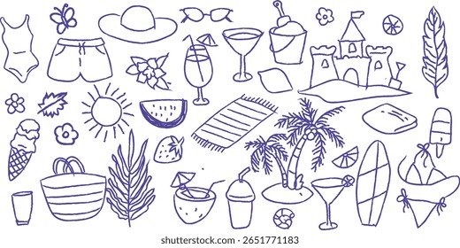 Hand drawn summer vacation holiday doodle elements. Beachwear, bikini, surfboard, drinks, palm trees, ice cream, sun, sandcastle in playful sketch style. Trendy summer vibe for posters or prints.