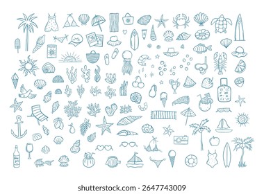 Hand drawn summer vacation icon set with beach elements, sea creatures, drinks, and accessories. Doodle style travel collection for posters, greeting cards, patterns, and digital design.