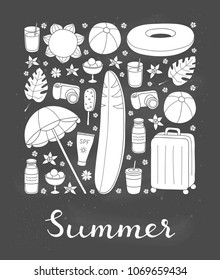 Hand drawn summer and vacation items composed in square shape with lettering.