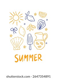 Férias de verão desenhadas à mão com limões, concha, sol, flores. Esboço de citrinos. Estilo de vida Dolce Vita. Ilustração esquisita de rabiscar vetor. Pôster de arte linear