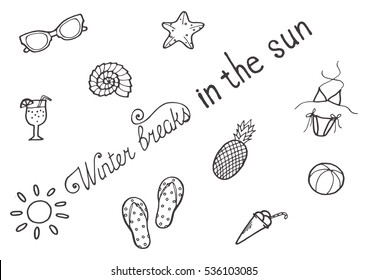 Hand drawn summer vacation set with lettering. Vector illustration for posters, cards, prints.