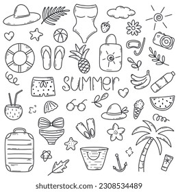 Hand drawn summer vacation and travel elements. Doodle sketch style set. Weekend ink collection vector illustration