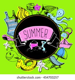 Hand drawn summer vector banner. Summer vector illustration 
Summer time background with text - illustration. 