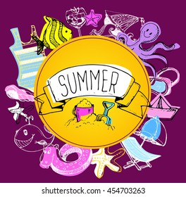 Hand drawn summer vector banner. Summer vector illustration 
Summer time background with text - illustration. 