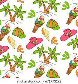 Hand drawn summer vector colorful pattern. Summer, marine and vacation symbols background fabric design