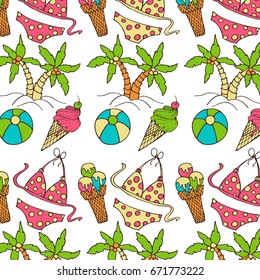Hand drawn summer vector colorful pattern. Summer, marine and vacation symbols background fabric design