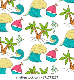 Hand drawn summer vector colorful pattern. Summer, marine and vacation symbols background fabric design