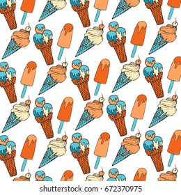 Hand drawn summer vector colorful pattern. Summer, marine and vacation symbols background fabric design
