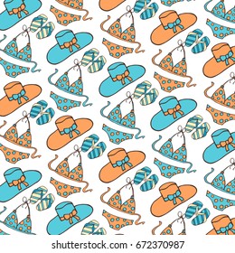 Hand drawn summer vector colorful pattern. Summer, marine and vacation symbols background fabric design

