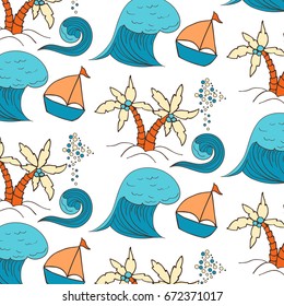 Hand drawn summer vector colorful pattern. Summer, marine and vacation symbols background fabric design
