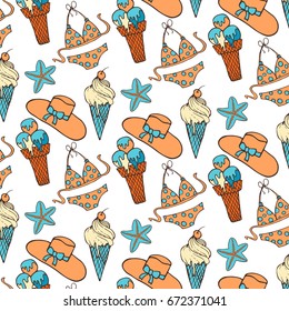 Hand drawn summer vector colorful pattern. Summer, marine and vacation symbols background fabric design
