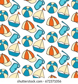 Hand drawn summer vector colorful pattern. Summer, marine and vacation symbols background fabric design
