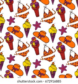 Hand drawn summer vector colorful pattern. Summer, marine and vacation symbols background fabric design
