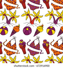 Hand drawn summer vector colorful pattern. Summer, marine and vacation symbols background fabric design