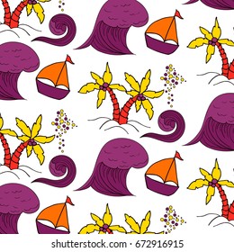 Hand drawn summer vector colorful pattern. Summer, marine and vacation symbols background fabric design