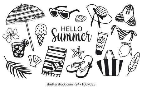 Hand drawn summer vector icon set of elements for summer vacation on the beach isolated on white background