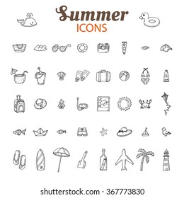 Hand Drawn Summer Vector Icon Set. Beach Icons Collection. Vacation. Vector Illustration