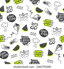 hand drawn summer vector seamless pattern. Trendy vector hand drawn illustration  for wrapping paper, textile print, wallpaper
