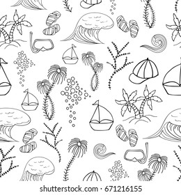 Hand drawn summer vector seamless pattern. Summer, marine and vacation symbols background fabric design