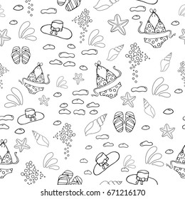 Hand drawn summer vector seamless pattern. Summer, marine and vacation symbols background fabric design