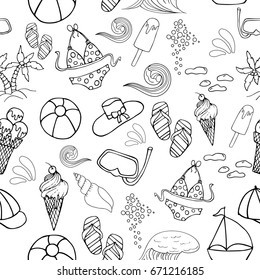 Hand drawn summer vector seamless pattern. Summer, marine and vacation symbols background fabric design