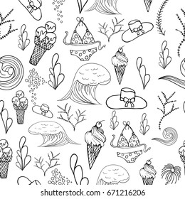 Hand drawn summer vector seamless pattern. Summer, marine and vacation symbols background fabric design
