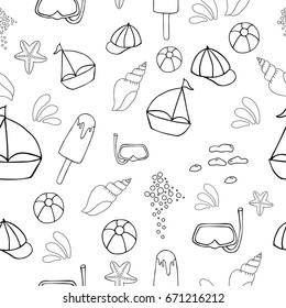 Hand drawn summer vector seamless pattern. Summer, marine and vacation symbols background fabric design