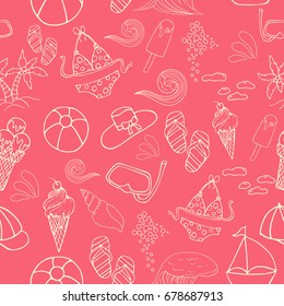 Hand drawn summer vector seamless pattern. Summer, marine and vacation symbols background fabric design
