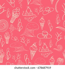 Hand drawn summer vector seamless pattern. Summer, marine and vacation symbols background fabric design
