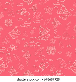 Hand drawn summer vector seamless pattern. Summer, marine and vacation symbols background fabric design
