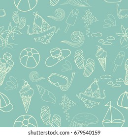 Hand drawn summer vector seamless pattern. Summer, marine and vacation symbols background fabric design
