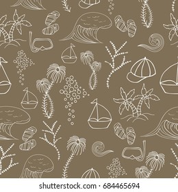 Hand drawn summer vector seamless pattern. Summer, marine and vacation symbols background fabric design
