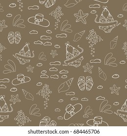 Hand drawn summer vector seamless pattern. Summer, marine and vacation symbols background fabric design