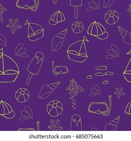 Hand drawn summer vector seamless pattern. Summer, marine and vacation symbols background fabric design